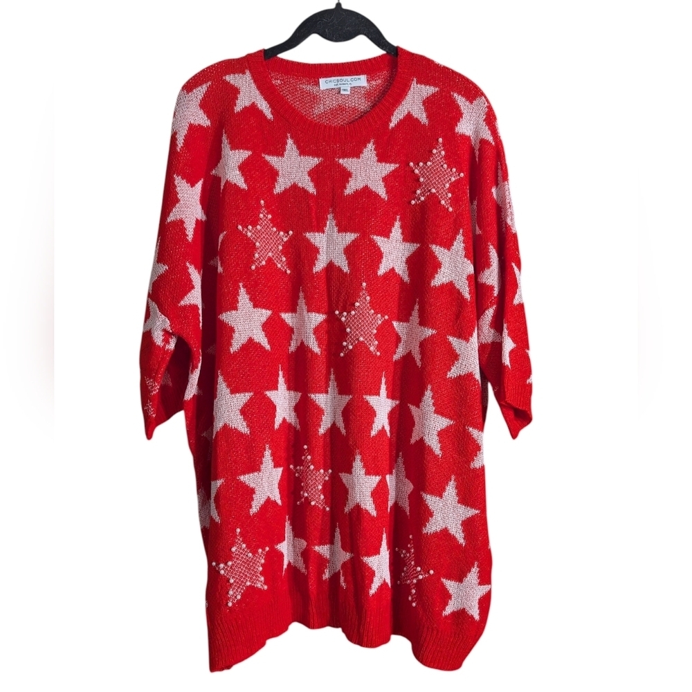 Red Star Print Oversized Sweater w/ Pearl Embellishments | Boho Cozy Size 1X - Picture 3 of 8